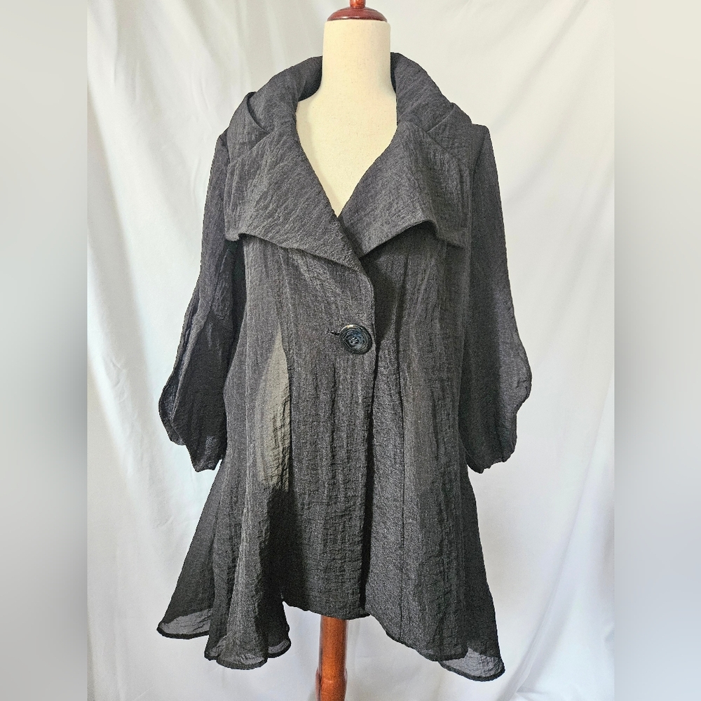 SONG & SUNG Sheer Black Organza Hi Low Lantern Sleeve Evening Coat